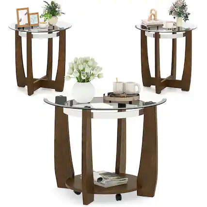 Front. Costway - Costway Tempered Glass Coffee Table Set of 3, 2-Tier Coffee Table & 2 Round End Tables - Transparent & Walnut.