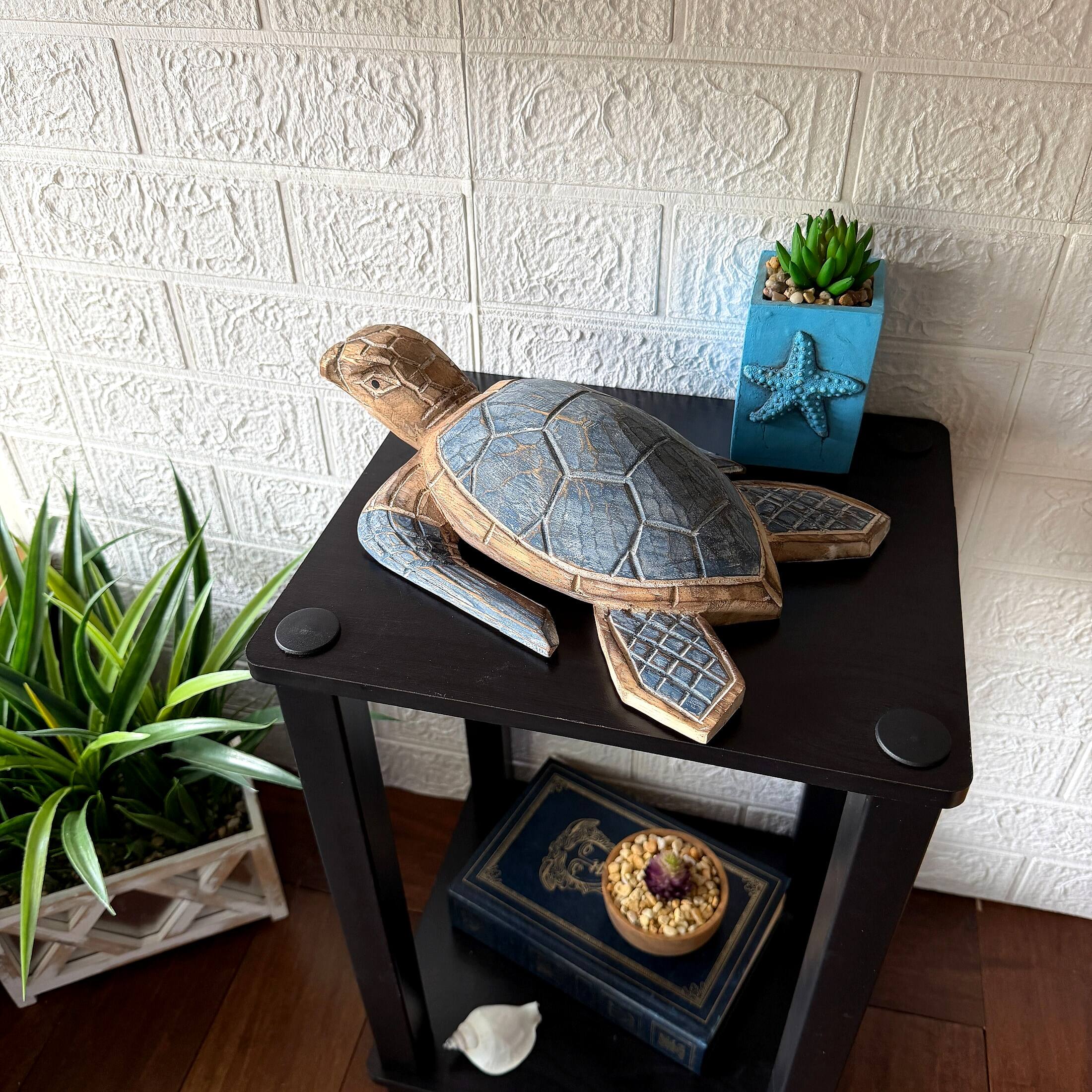 Alt View 4. Things2Die4 - Sea Turtle Statue Hand Carved Wood Blue Coastal Decor 12in Tabletop Art - Blue.