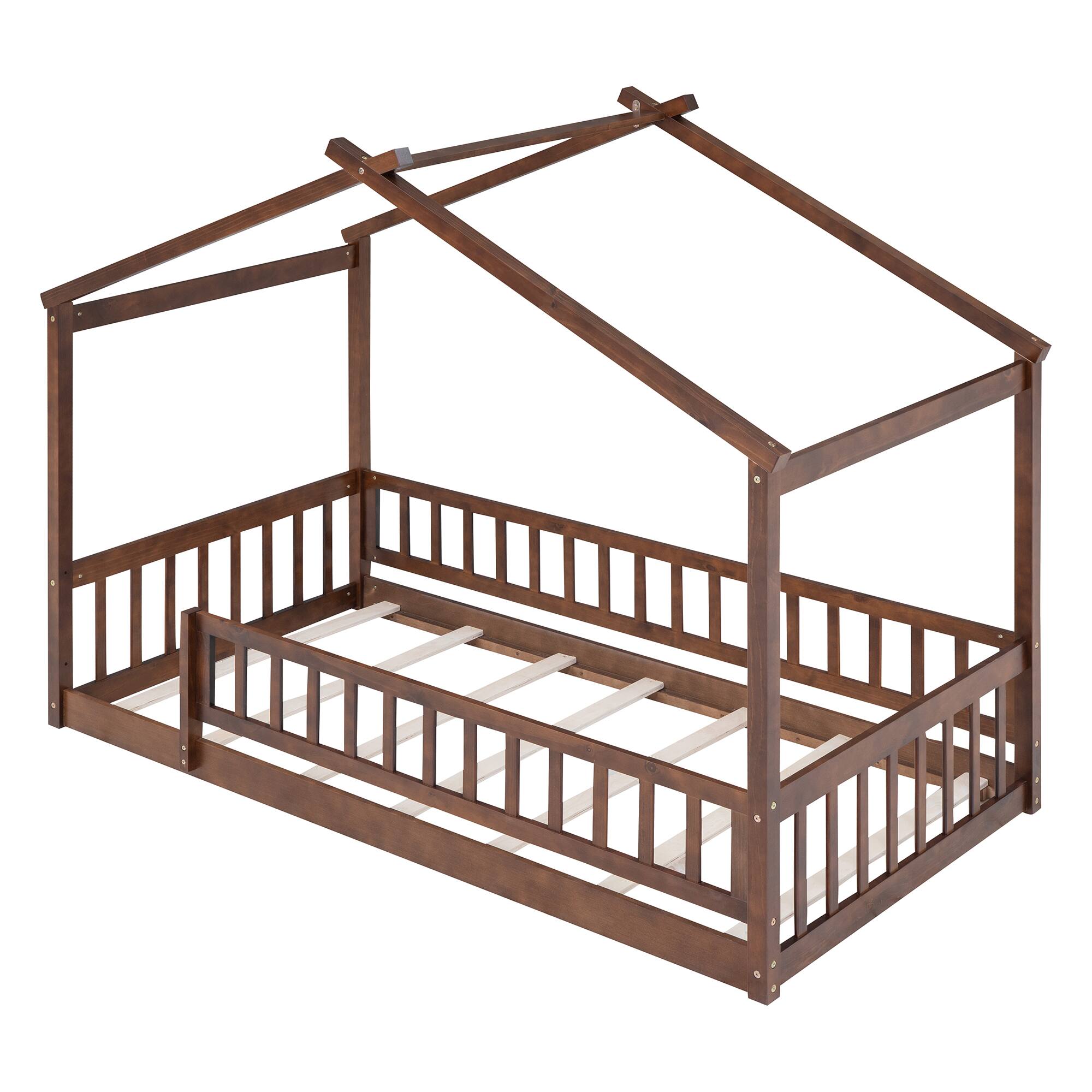 Angle. Whisen - Twin Size Wood House Bed Frame with Fence for Kids and Teens - Walnut.