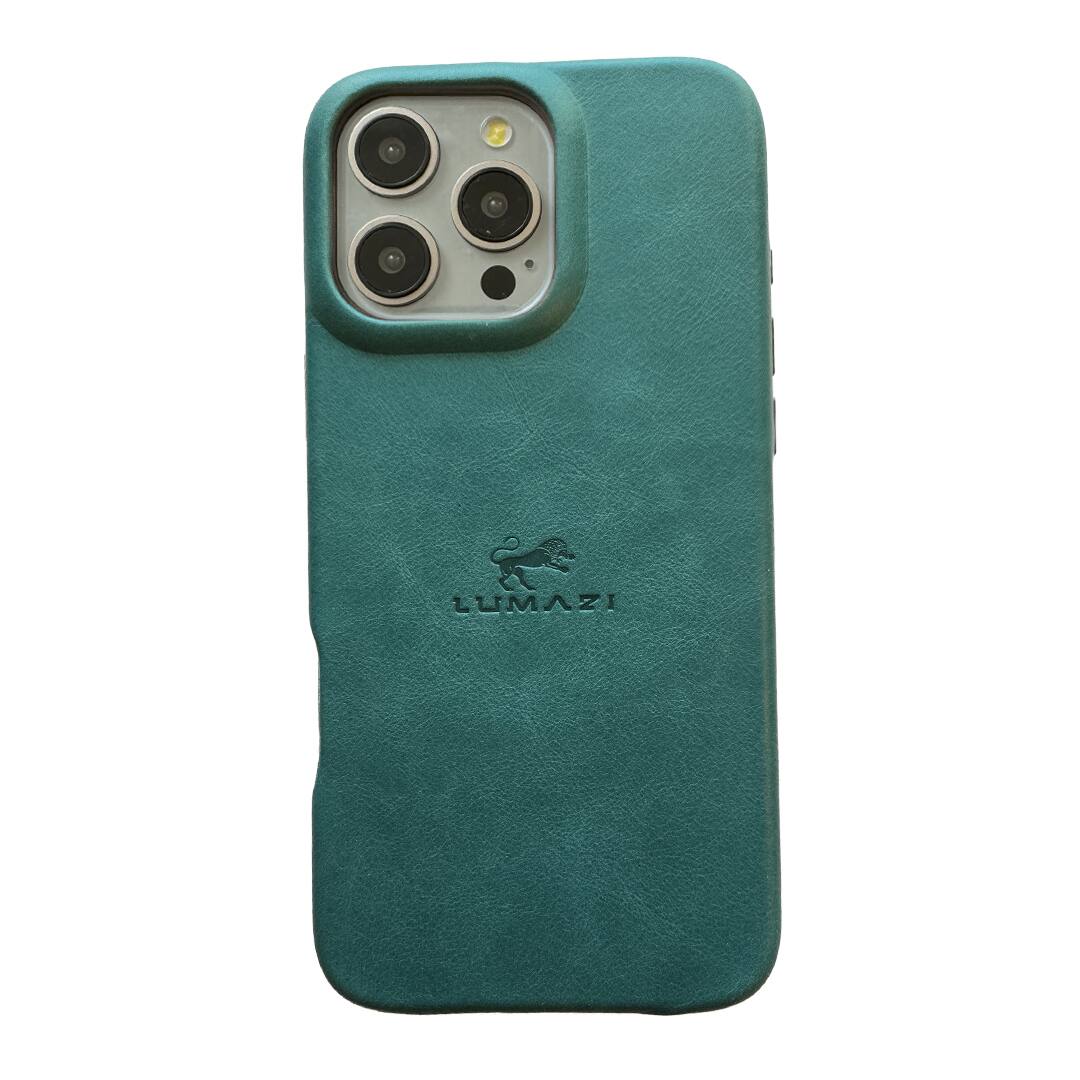 Angle. LUMAZI - Handmade, Full Grain Leather, MagSafe iPhone 16 Pro Case - Pharaonic Turquoise.