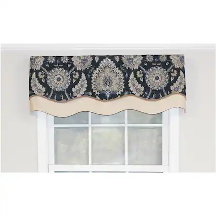 Front. RLF Home - RLF Home Wakeshire Glory Valance Indigo. 3" Rod Pocket, Layered, Trimmed. 50" x 16" - Indigo.
