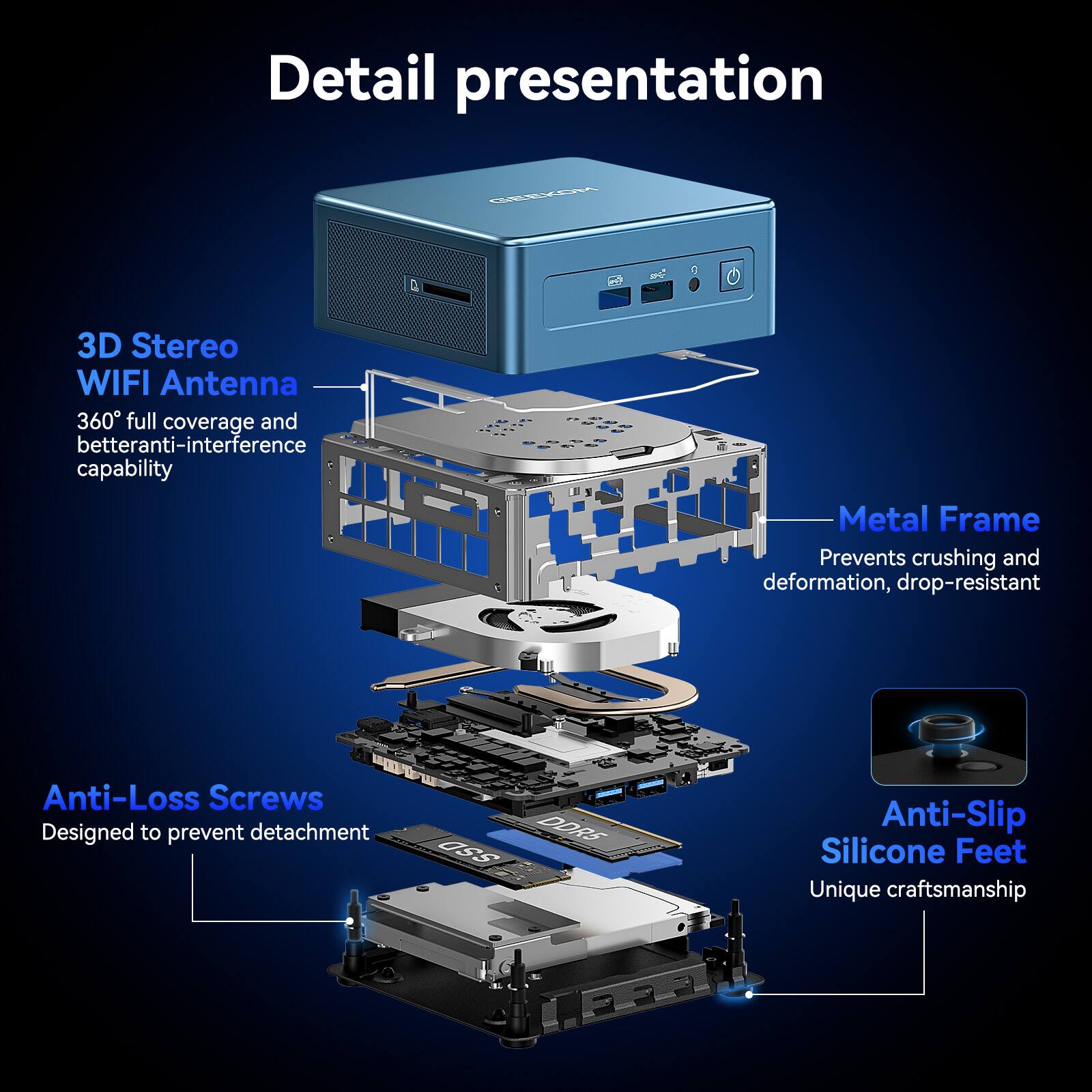 Detail presentation

3D Stereo WIFI Antenna
360° full coverage and better anti-interference capability

Metal Frame
Prevents crushing and deformation, drop-resistant

Anti-Loss Screws
Designed to prevent detachment

Anti-Slip Silicone Feet
Unique craftsmanship
