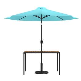 Emma + Oliver - 3 Piece Patio Table Set - Synthetic Faux Teak Dining Table with Umbrella Hole & Umbrella with Weighted Base - Teal