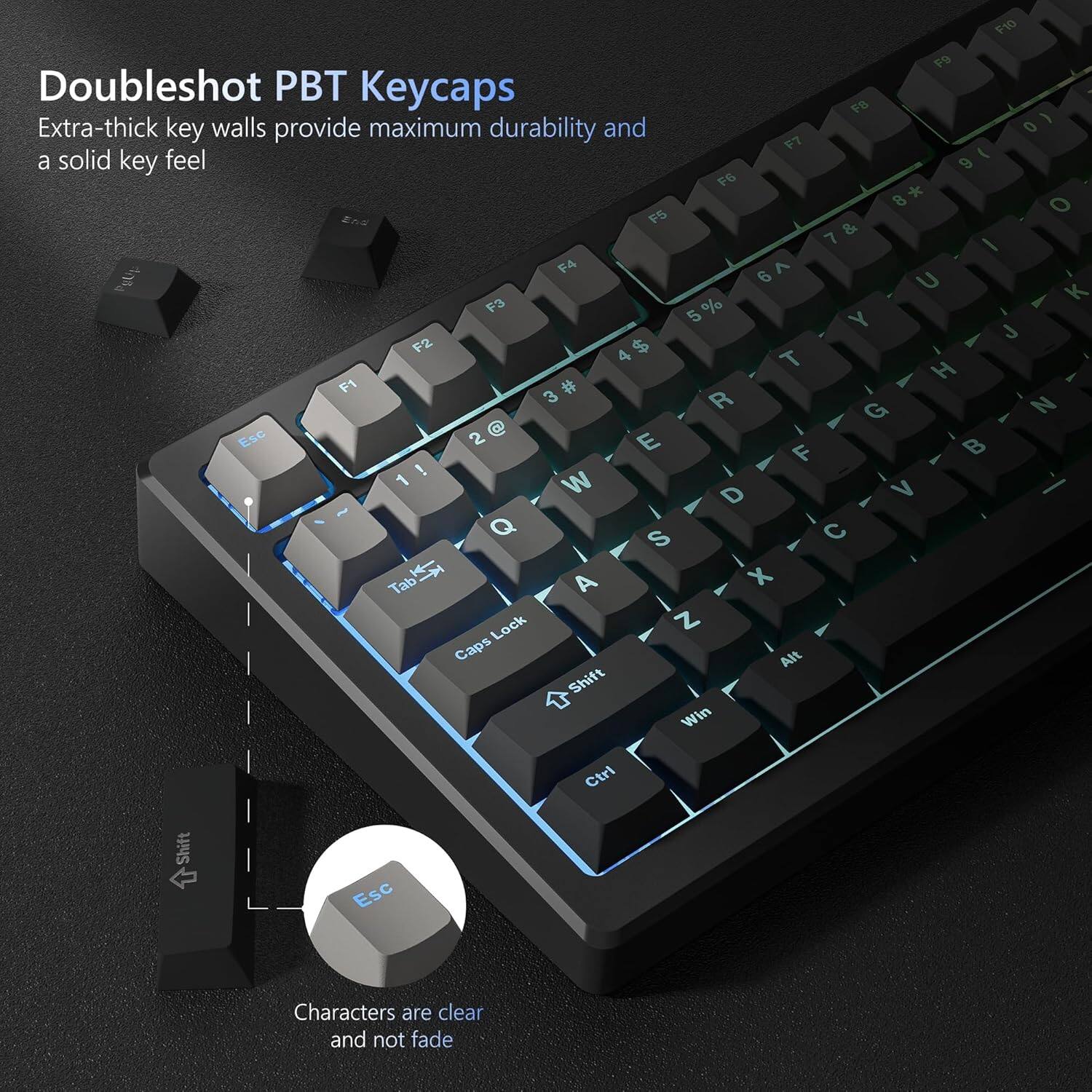 Doubleshot PBT Keycaps  
Extra-thick key walls provide maximum durability and a solid key feel  

Characters are clear and not fade
