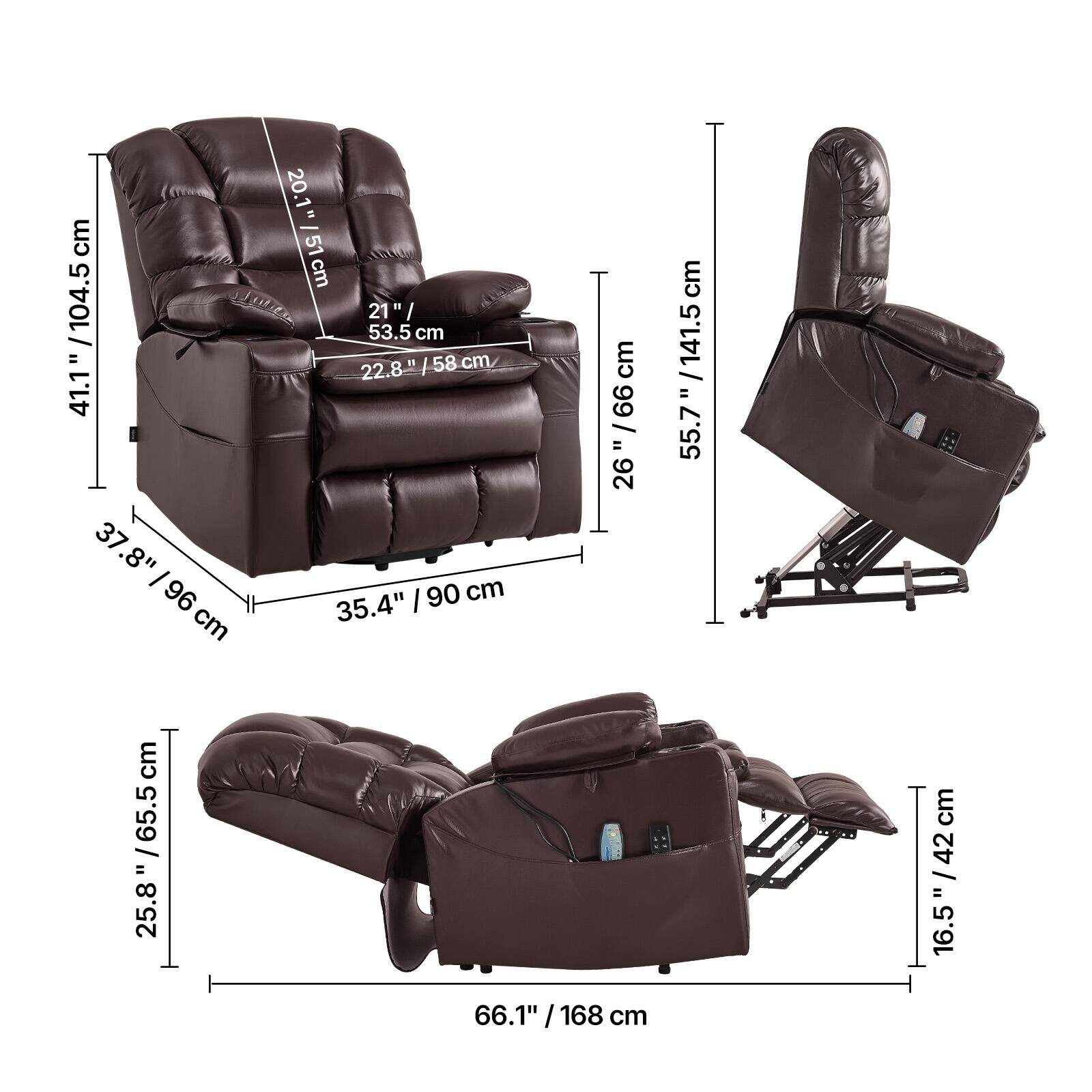 - Height: 41.1" / 104.5 cm
- Width: 35.4" / 90 cm
- Depth: 22.8" / 58 cm
- Seat Height: 20.1" / 51 cm
- Armrest Height: 21" / 53.5 cm
- Backrest Height: 26" / 66 cm
- Seat Depth: 37.8" / 96 cm
- Overall Length: 66.1" / 168 cm
- Footrest Length: 55.7" / 141.5 cm
- Side to Side: 16.5" / 42 cm