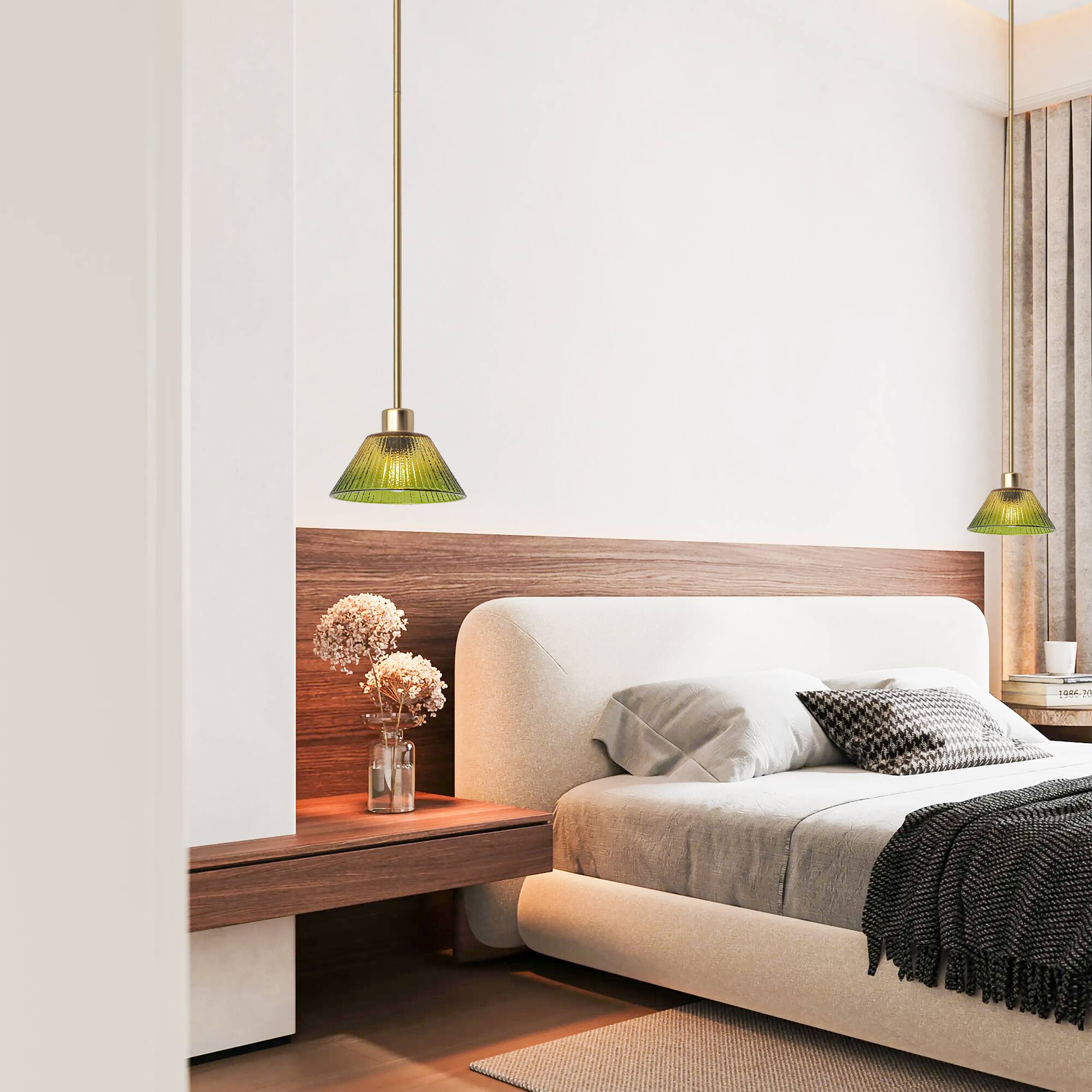 Angle. Parrot Uncle - 8" Vintage Gold Pendant Light with Green Glass Shade - Brass.