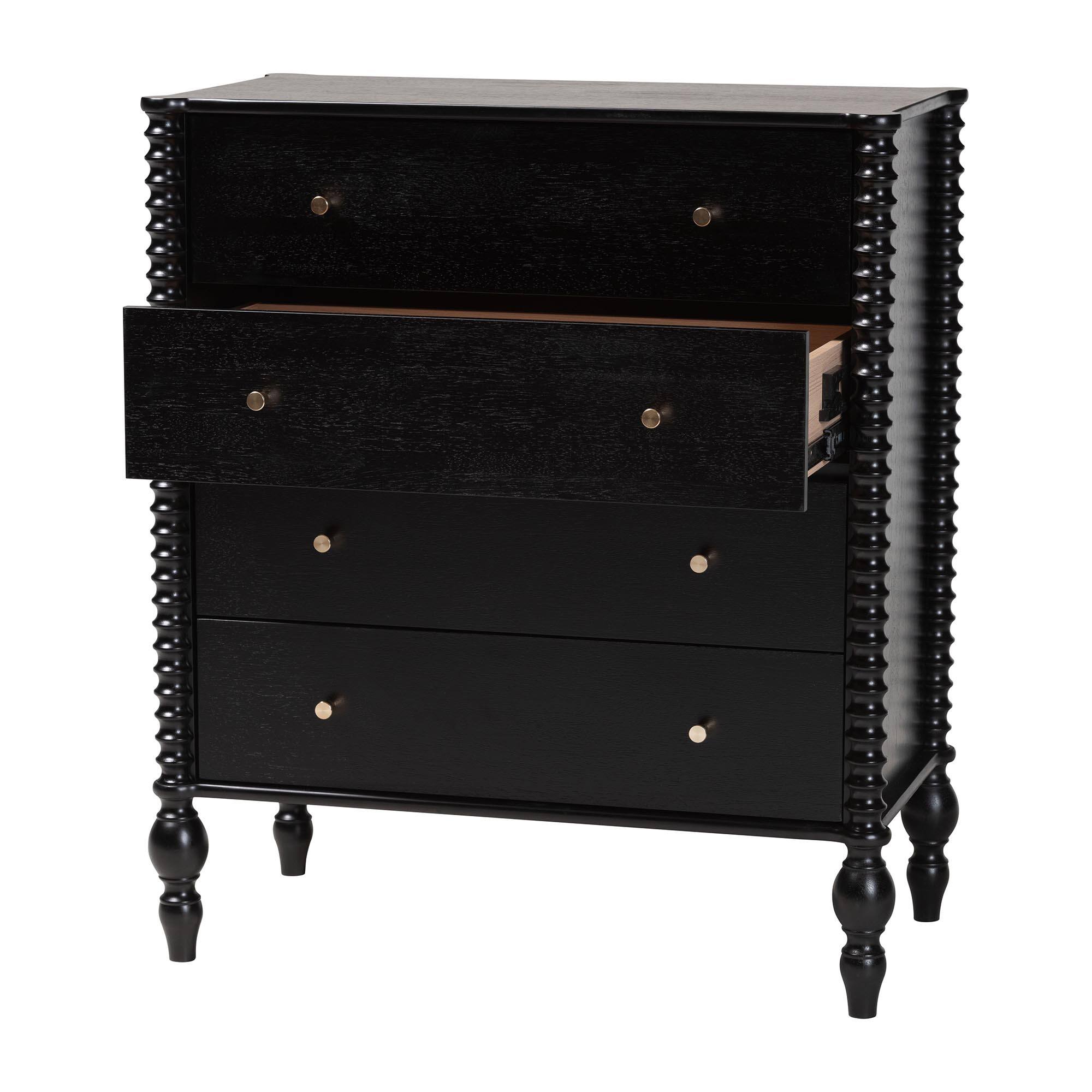 Left. Baxton Studio - Callison Spindle Chest - 4-Drawer Farmhouse Vertical Cabinet with Turned Accents for Bedroom, - Black.
