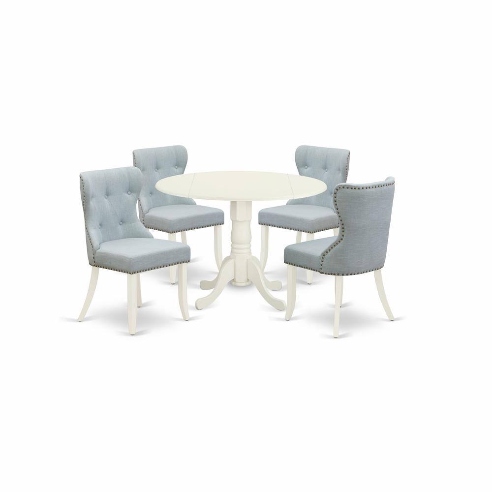 Left. East West Furniture - East-West Furniture DLSI5-WHI-15 - A kitchen dining table set of 4 amazing kitchen dining chairs with Linen Fabric Baby - Linen White.