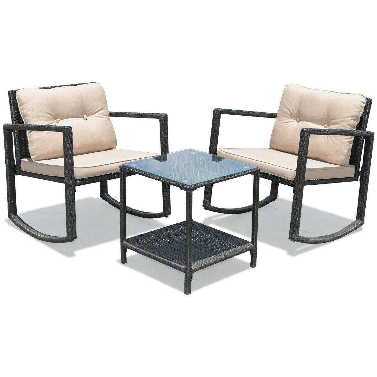 Alt View 4. Gymax - Gymax 3PCS Rattan Rocking Chair Table Set Patio Furniture Set w/ Cushions - as pic.