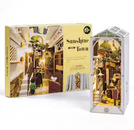 Robotime - Rolife Sunshine Town LED Book Nook Kit-Decorative Bookend Stand-3D Wooden Puzzle for Adults-Bookshelf Insert - Brown