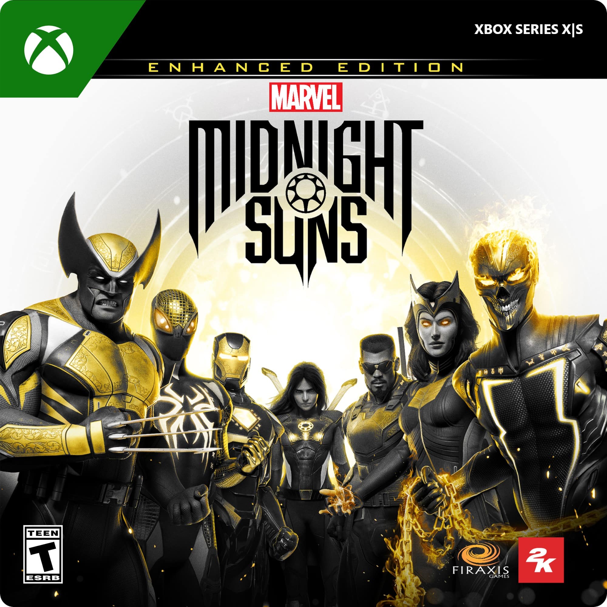 The text on the image reads: "Midnight Suns Enhanced Edition - Marvel's Midnight Suns - Teen - ESRB - Firaxis Games."