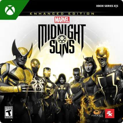 The text on the image reads: "Midnight Suns Enhanced Edition - Marvel's Midnight Suns - Teen - ESRB - Firaxis Games." - T (Teen 13+)