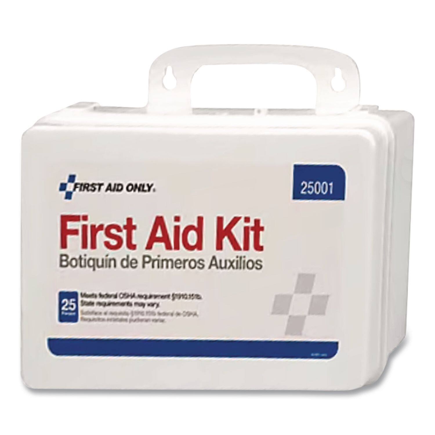 FIRST AID ONLY.  
First Aid Kit  
Botiquín de Primeros Auxilios  
25001  
Monts federal OSHA requirement (1910.151(b).  
State requirements may vary.  
25  
Pieces