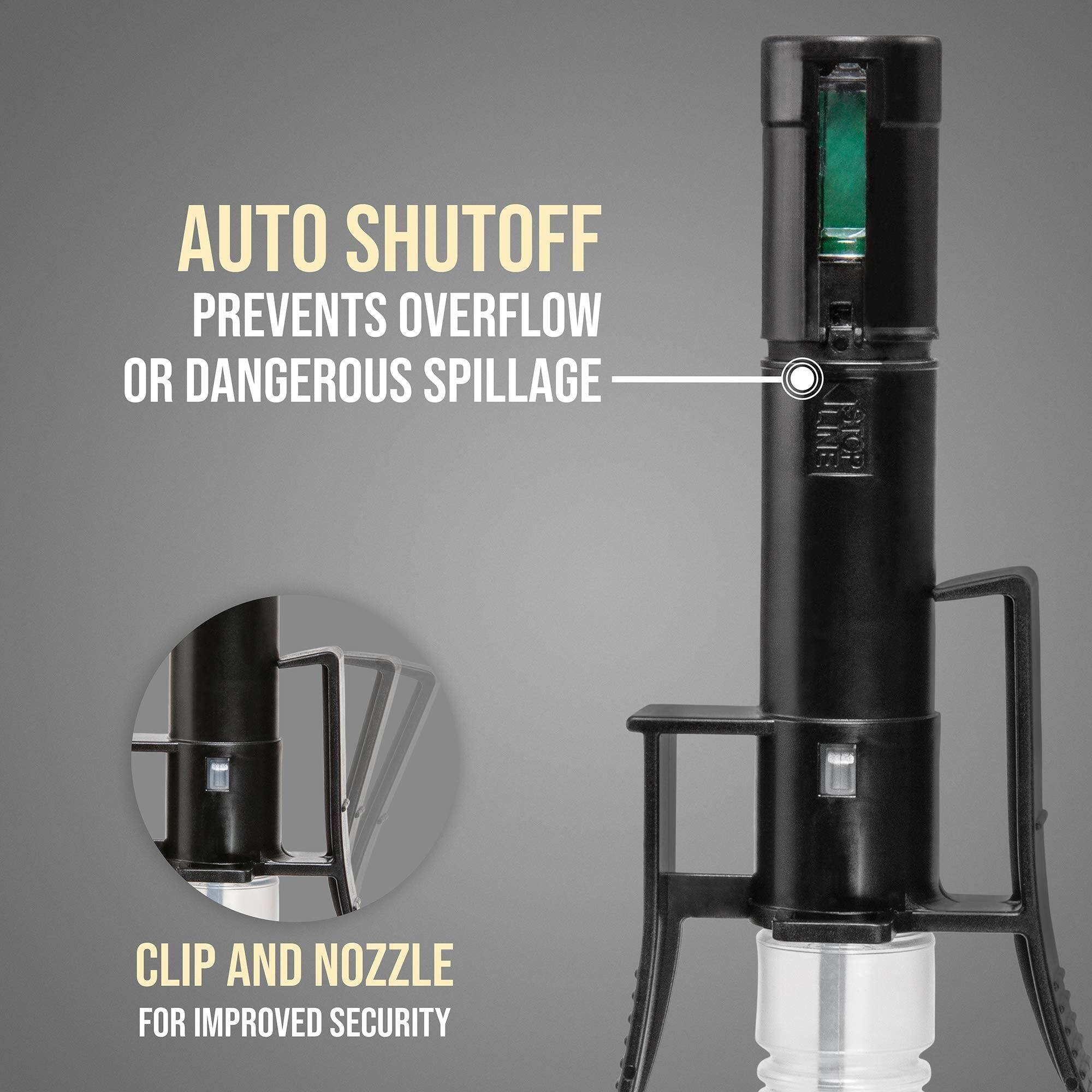 AUTO SHUTOFF PREVENTS OVERFLOW OR DANGEROUS SPILLAGE

CLIP AND NOZZLE FOR IMPROVED SECURITY