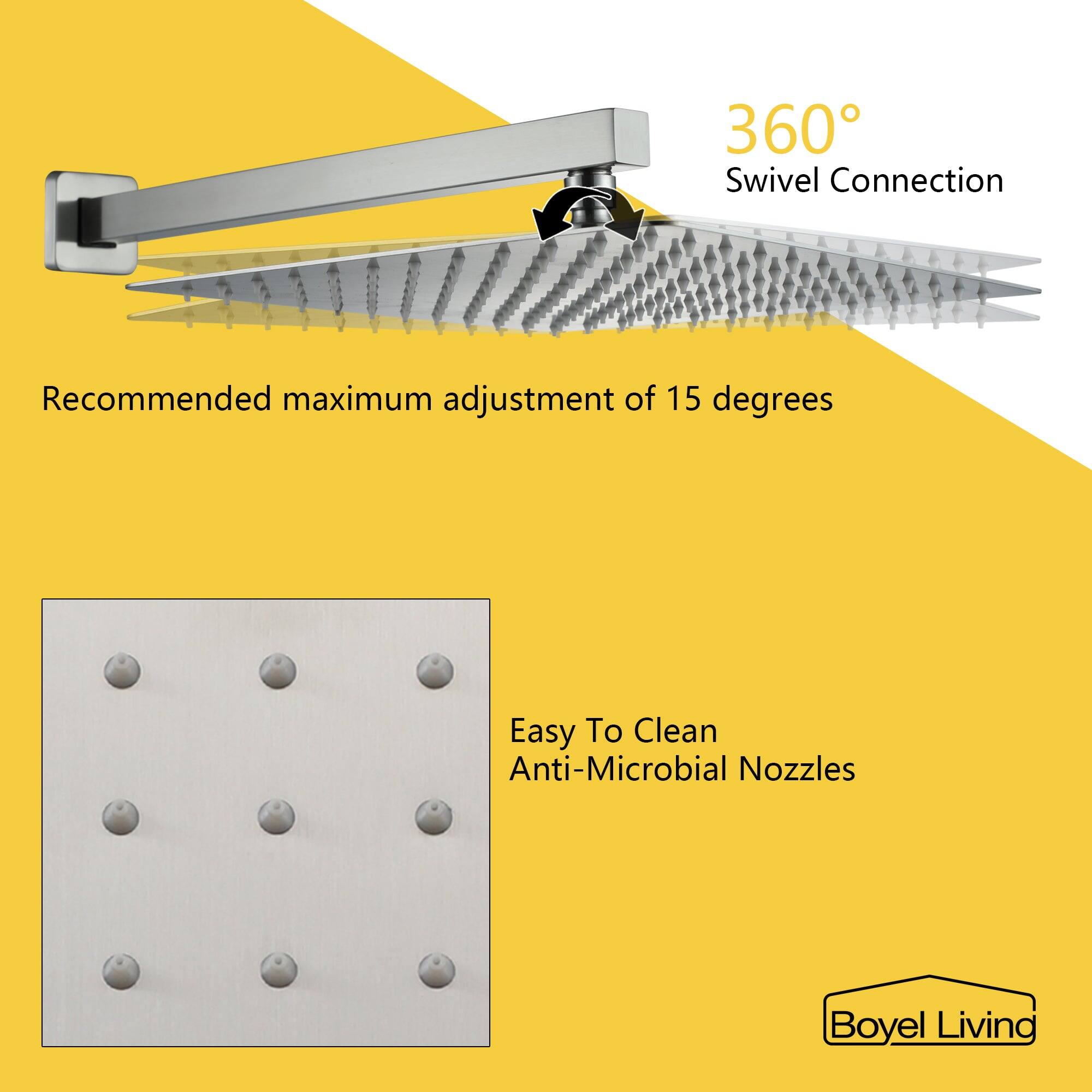 Boyel Living, 360° Swivel Connection, Recommended maximum adjustment of 15 degrees, Easy To Clean, Anti-Microbial Nozzles