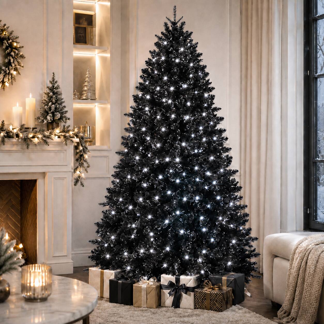 Front. Anysun - 4ft Christmas Tree with 150 White LED Lights – 666 Tips PE+PVC Artificial Tree, Hinged Structure & Stable Stand - Black.