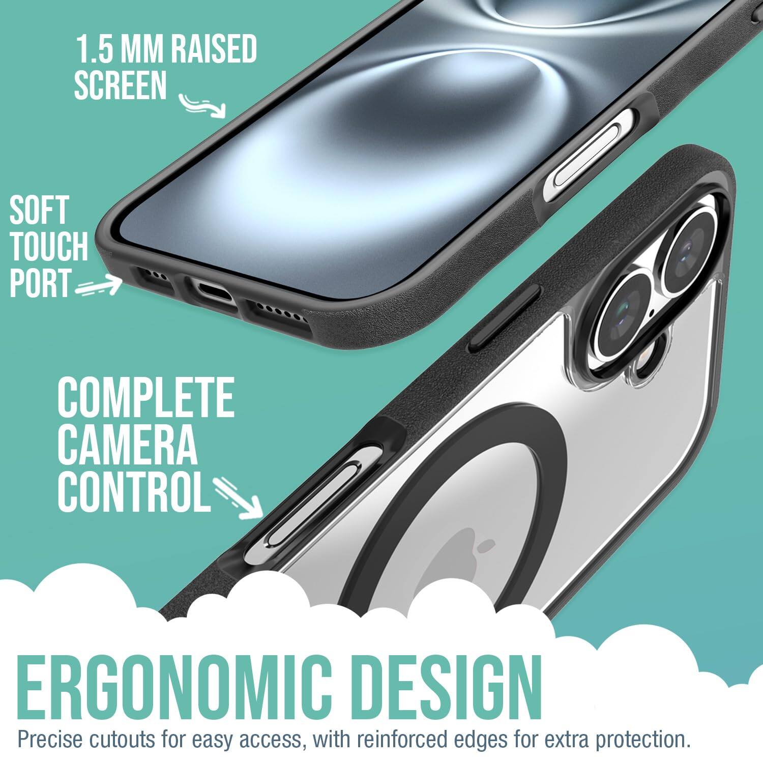 1.5 MM RAISED SCREEN  
SOFT TOUCH PORT  
COMPLETE CAMERA CONTROL  
ERGONOMIC DESIGN  

Precise cutouts for easy access, with reinforced edges for extra protection.