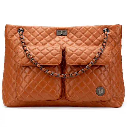 Front. Badgley Mischka - BADGLEY MISCHKA Diana Quilted Vegan Leather Weekender Duffel Bag | Brown - Brown.