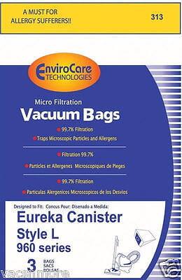 A MUST FOR ALLERGY SUFFERERS!!  
313 EnviroCare TECHNOLOGIES Micro Filtration Vacuum Bags  
99.7% Filtration Traps Microscopic Particles and Allergens  
Filtration 99.7% Particulas Alergenicos Microscopicos de los Desvios  
Designed to Fit: Eureka Canister Style L 960 series  
3 BAGS
