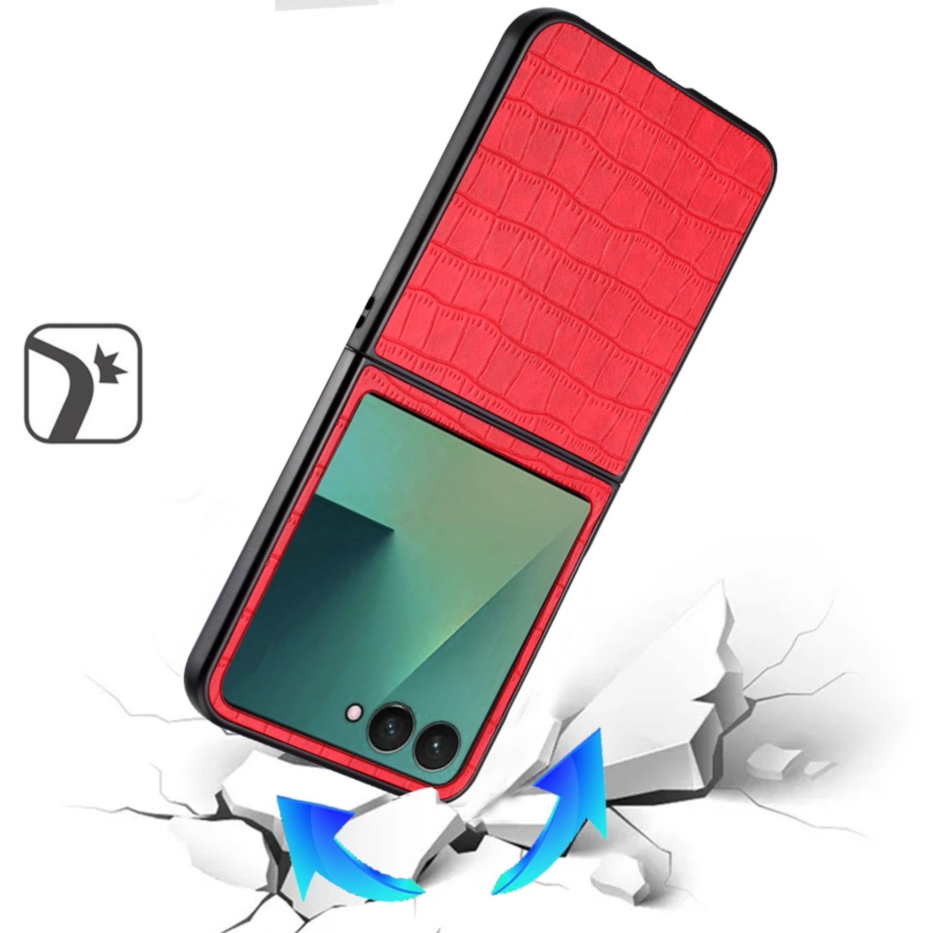 Angle. Kitcheniva - Premium Vegan Leather Croc Case With Tempered Glass For Samsung Galaxy Z Flip7 Red - Red.