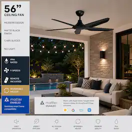 ENLIGHT - 56" Smart Ceiling Fan, IP66 Outdoor/Coastal, Weather Resist, Efficient & Quiet DC Motor, Reverse Mode, Matter, 5 Blades - Matte Black