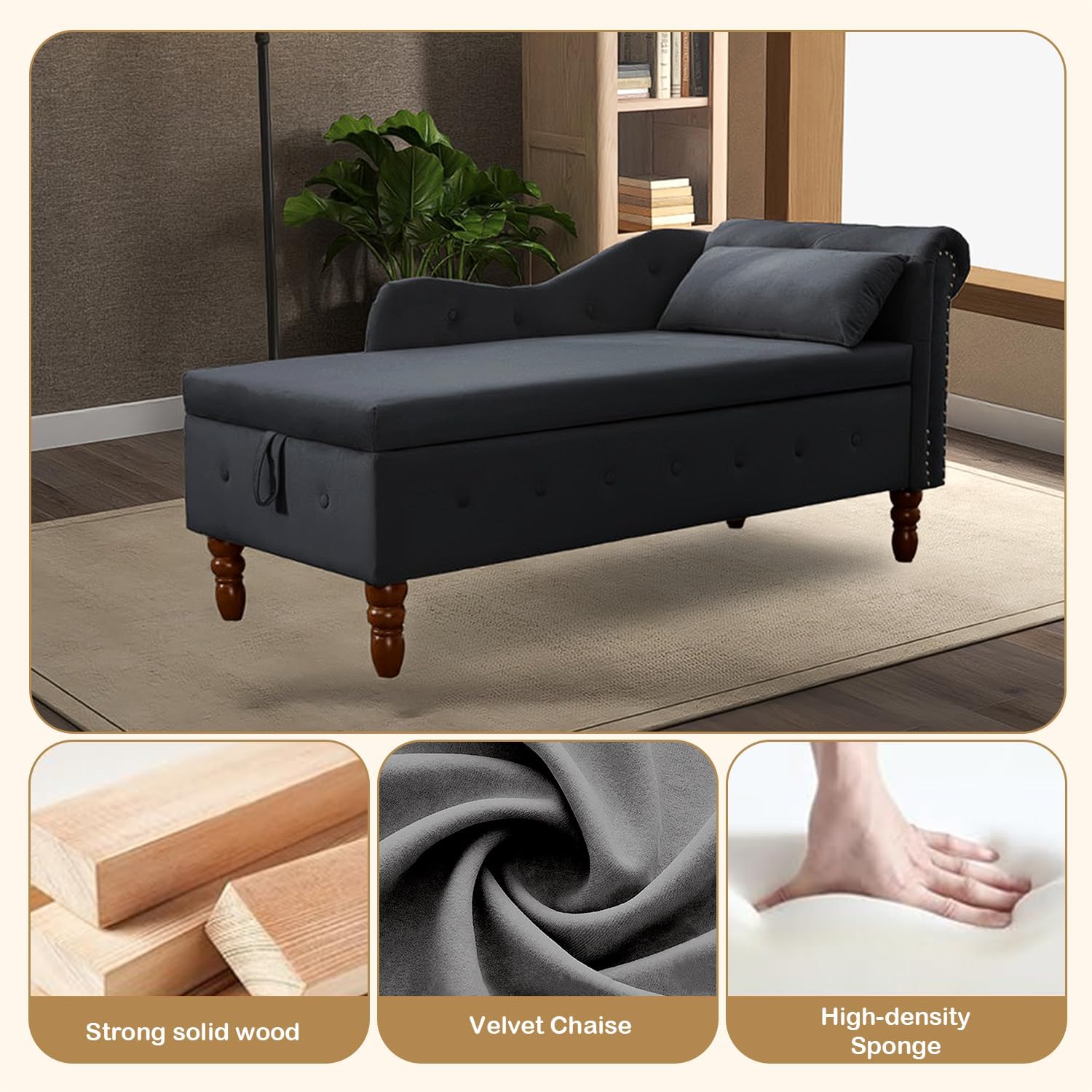 Strong solid wood Velvet Chaise High-density Sponge