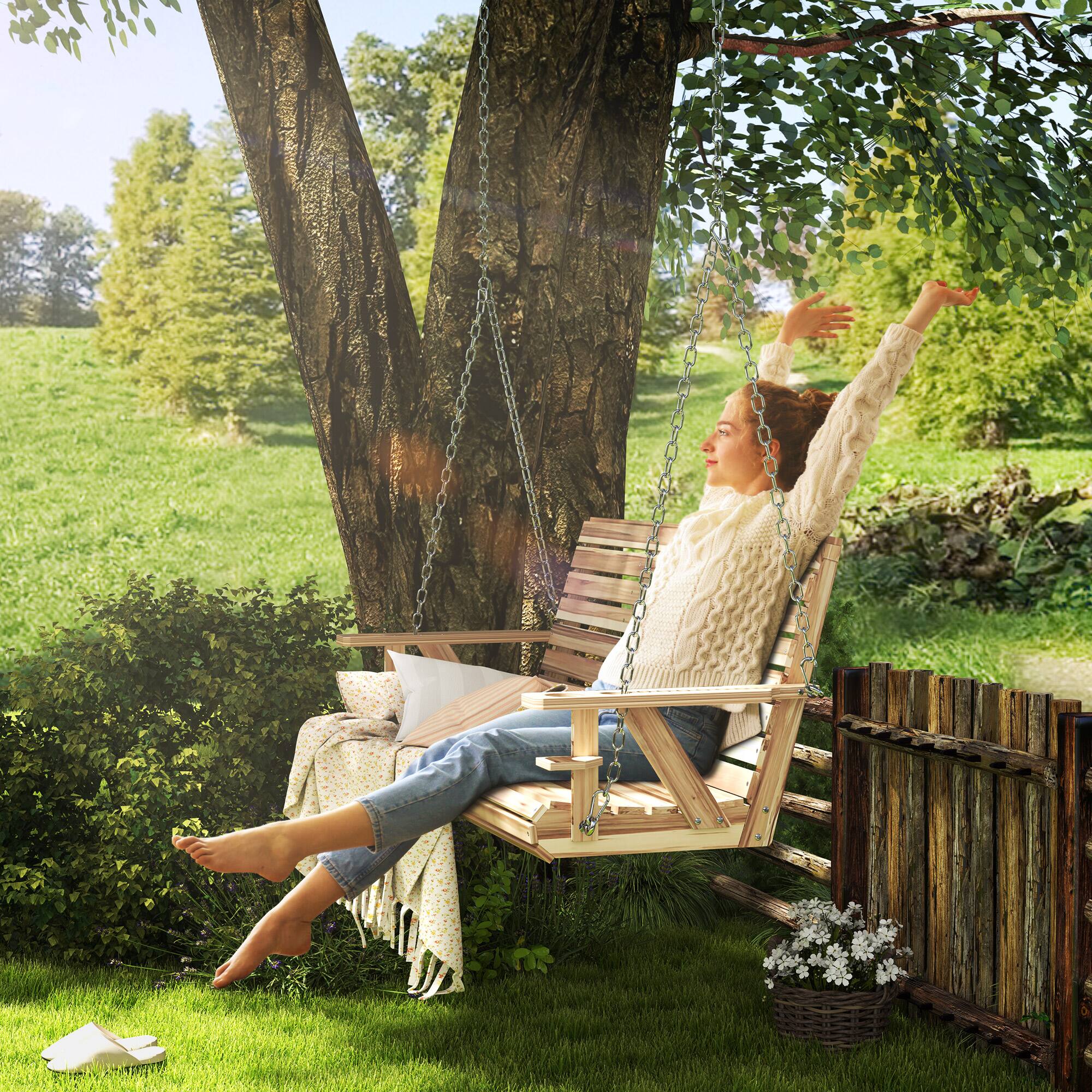 Angle. Outsunny - Outsunny Upgraded Wooden Porch Swing 3-Seater 5 FT Outdoor Patio Swing Bench with Cupholders - Natural Wood.