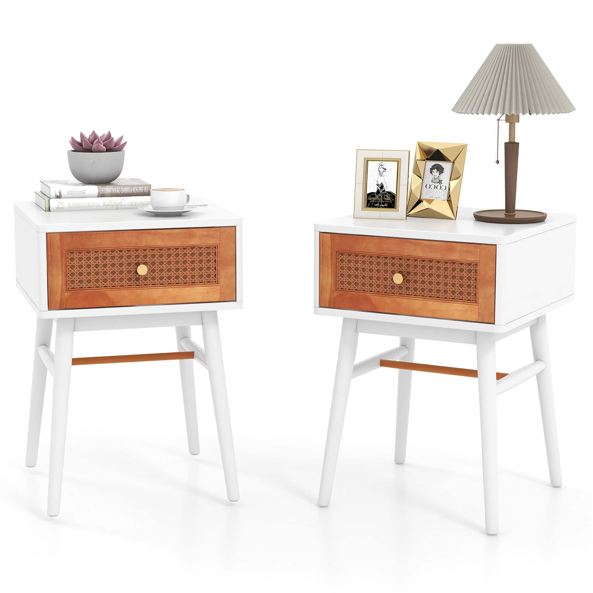 Gymax - Set of 2 Nightstand Bedside End Table Solid Wood Legs - White