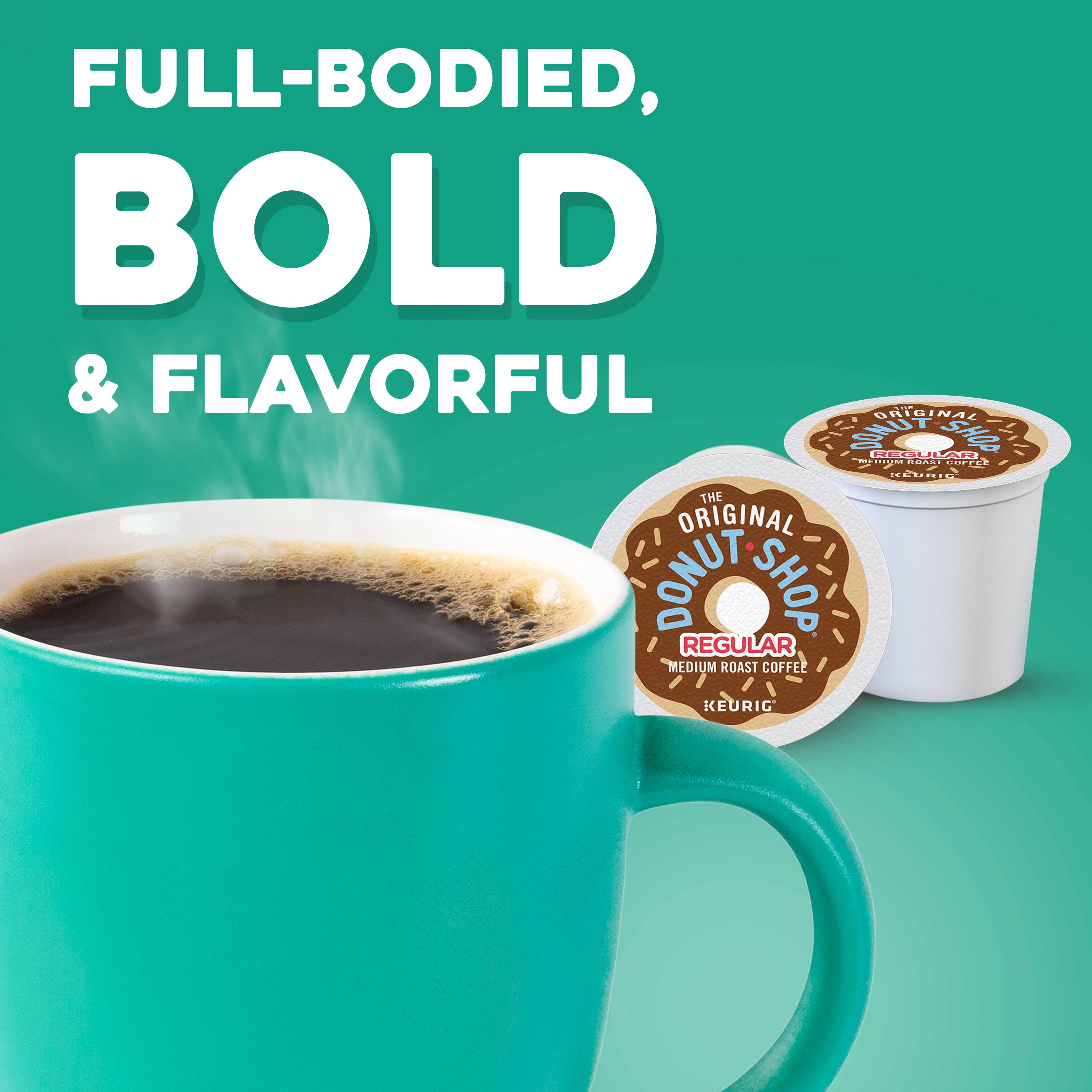 FULL-BODIED, BOLD & FLAVORFUL ORIGINAL: SU REALILES ZE SHO U OAO COPEIT HEUBIO THE ORIGINAL DONUT SHOP REGULAR MEDIUM ROAST COFFEE KEURIG