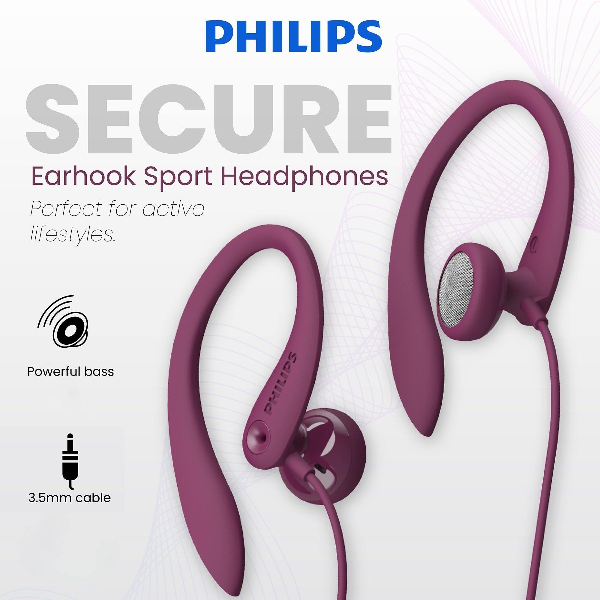 PHILIPS SECURE Earhook Sport Headphones Perfect for active lifestyles. Powerful bass PHILIPS 3.5mm cable