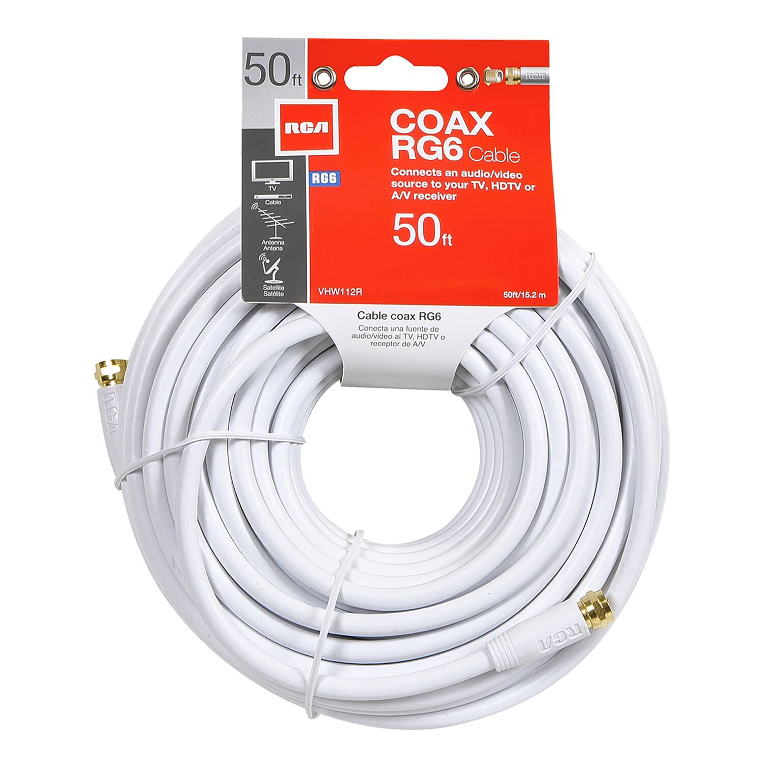 50 ft  
COAX RG6 Cable  
Connects an audio/video source to your TV, HDTV or A/V receiver  
50 ft  

RCA  
RG6  
VHW112R  
Cable coax RG6  
Conecta una fuente de audio/video al TV, HDTV o receptor de AV  
50 ft/15.2 m  

TV  
Antenna  
Satellite  
Cable