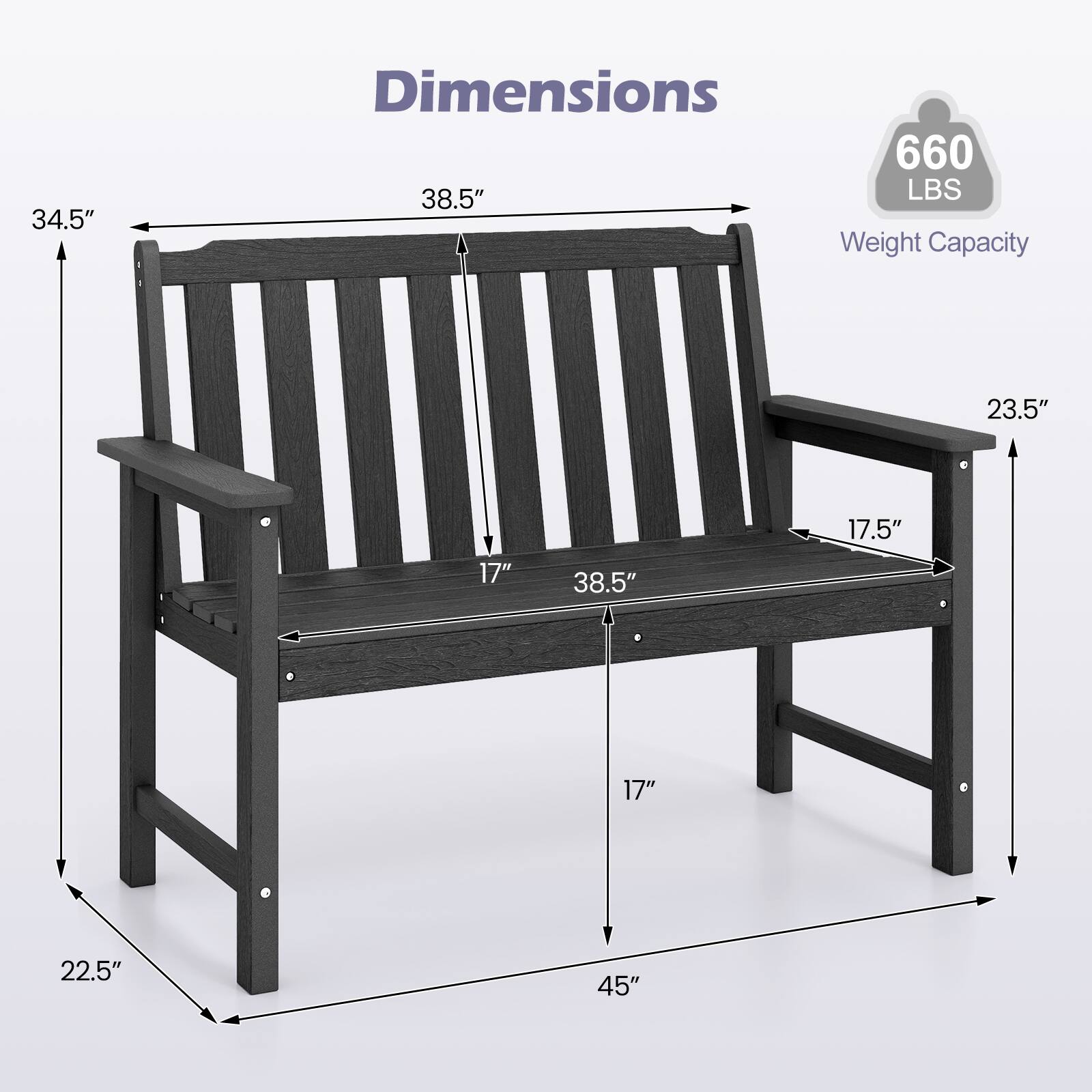 Dimensions:  
- 34.5"  
- 38.5"  
- 23.5"  
- 17.5"  
- 17"  
- 22.5"  
- 45"  

Weight Capacity: 660 LBS