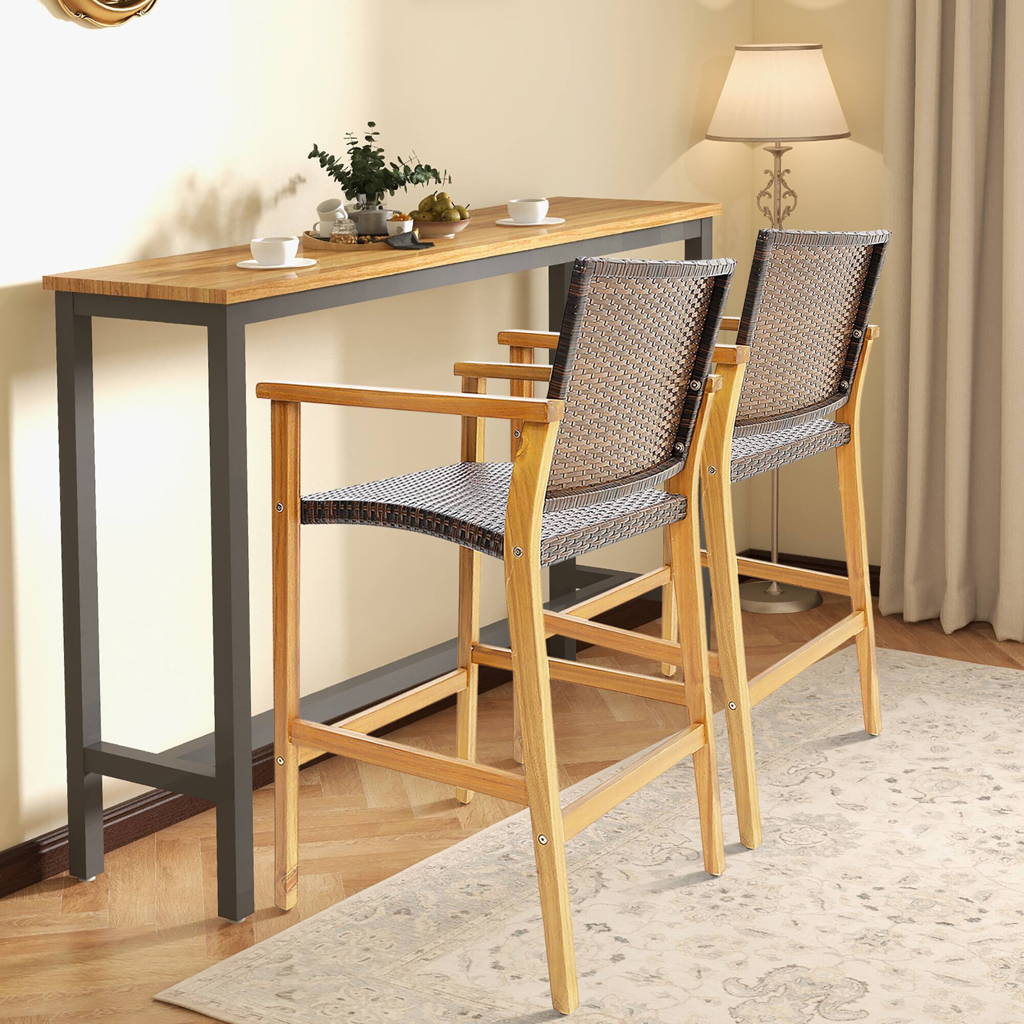 Alt View 1. Gymax - Gymax Patio Rattan Bar Stool Set of 2 Outdoor PE Wicker Bar Chairs w/ Armrests & Sturdy Footrests - Teak, Mix Brown.
