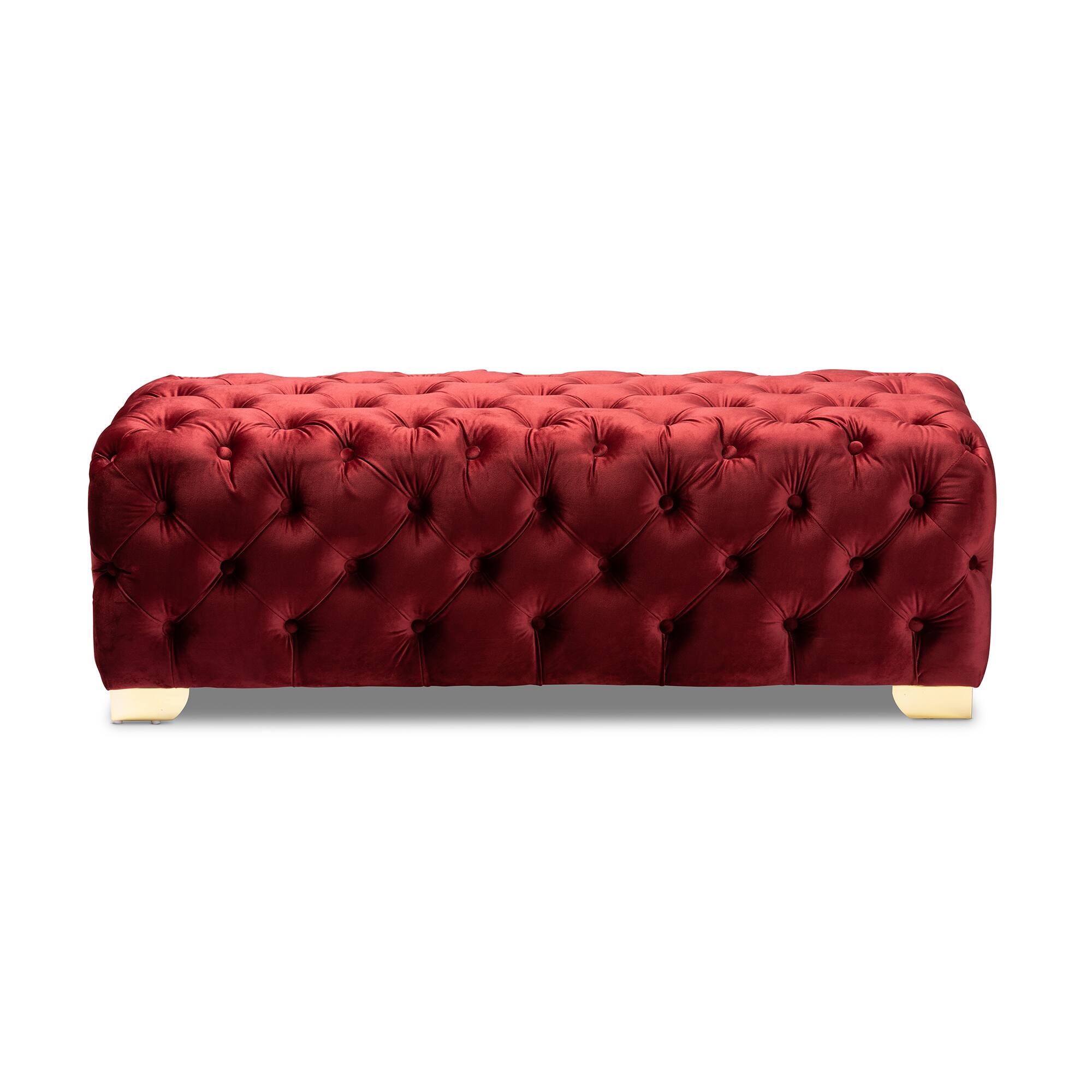 Angle. Baxton Studio - Avara Glam and Luxe Velvet Fabric Upholstered Gold Finished Button Tufted Bench Ottoman - Burgundy/Gold.