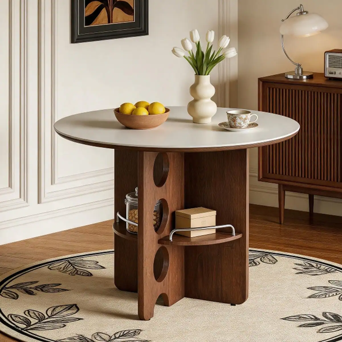 Front. Loheer - Loheer Round Sintered Stone Dining Table with Storage Shelf, White and Walnut, 35.4-Inch - Walnut and White.