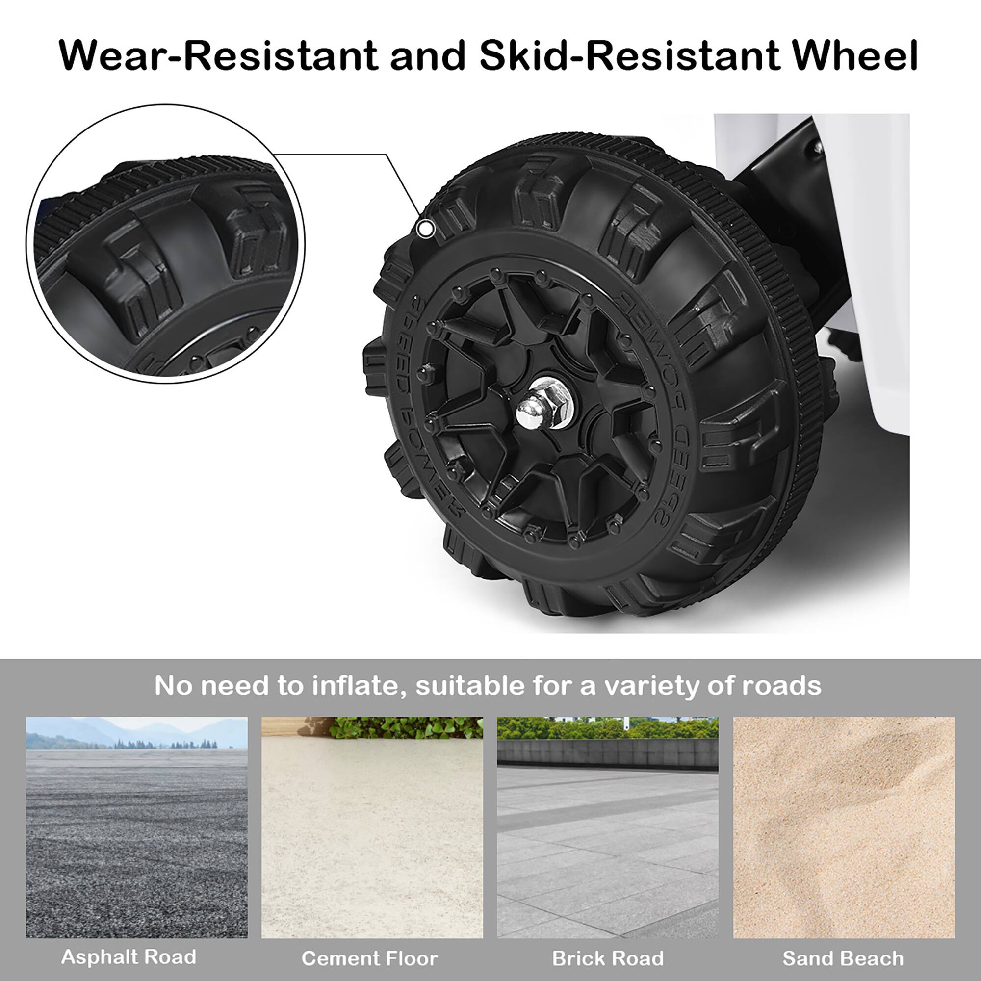 Wear-Resistant and Skid-Resistant Wheel

No need to inflate, suitable for a variety of roads:
- Asphalt Road
- Cement Floor
- Brick Road
- Sand Beach