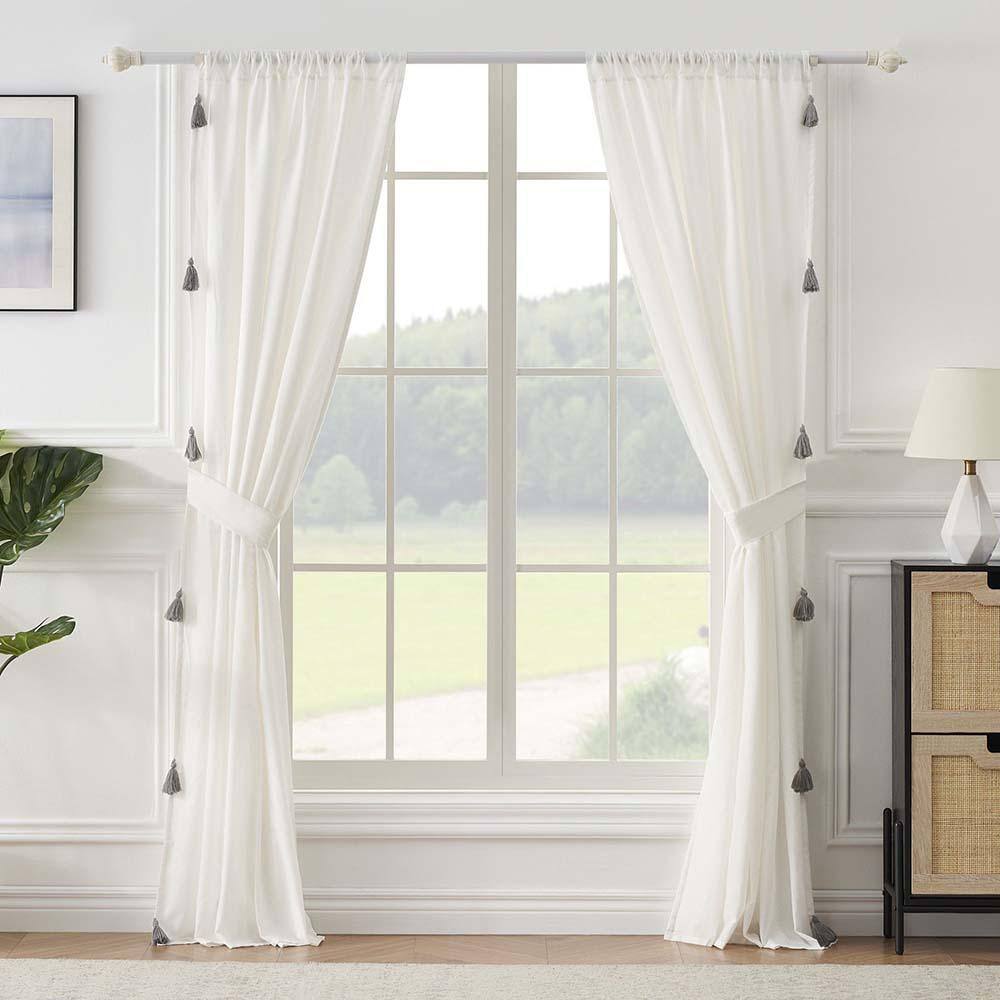 Angle. Greenland Home Fashions - Greenland Home Monterrey Festooned with Large Tassels Window Panel Pair - Each 42"x84" Antique White - Antique white.
