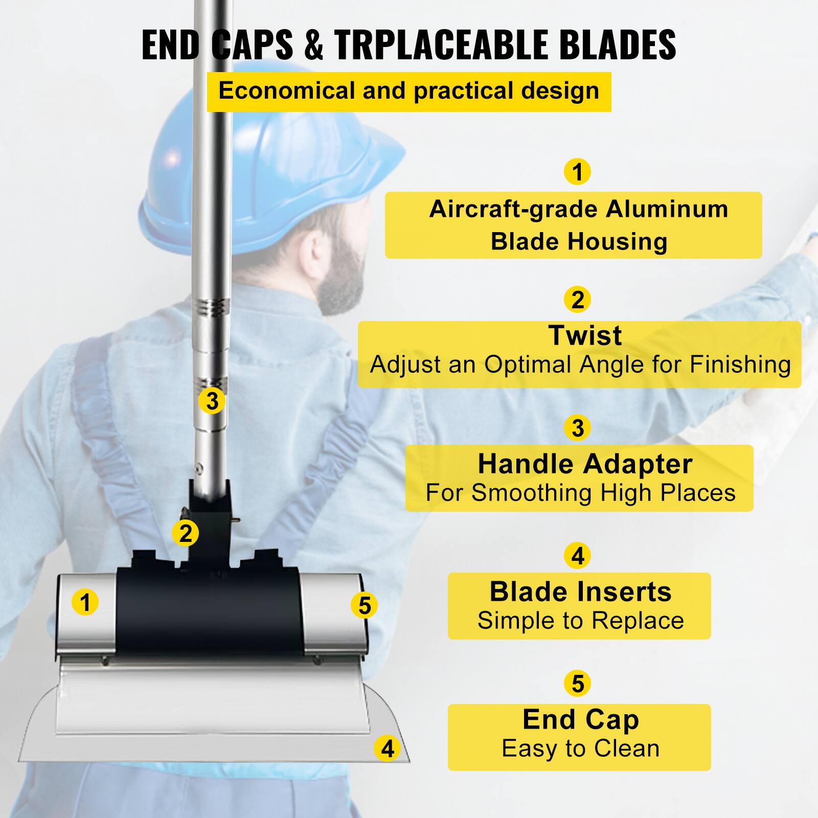 END CAPS & REPLACEABLE BLADES  
Economical and practical design  

1. Aircraft-grade Aluminum Blade Housing  
2. Twist - Adjust an Optimal Angle for Finishing  
3. Handle Adapter - For Smoothing High Places  
4. Blade Inserts - Simple to Replace  
5. End Cap - Easy to Clean