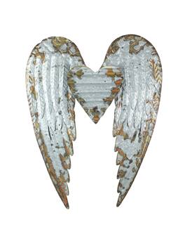 Zeckos - Rustic Galvanized Stamped Metal Art Angel Wings Heart Decorative Wall Sculpture - Gray