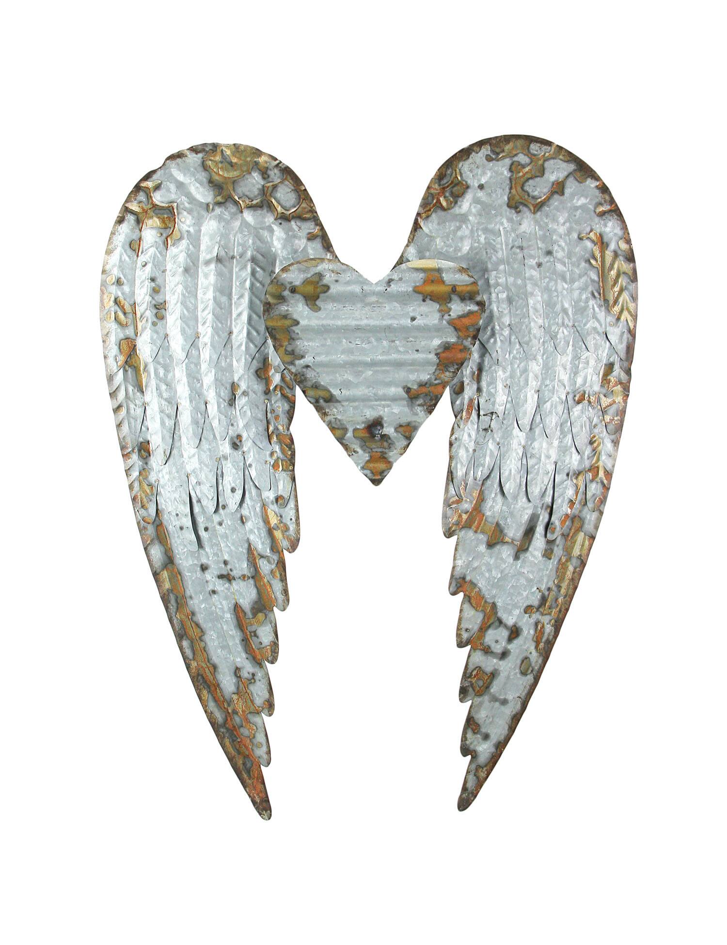 Front. Zeckos - Rustic Galvanized Stamped Metal Art Angel Wings Heart Decorative Wall Sculpture - Grey.