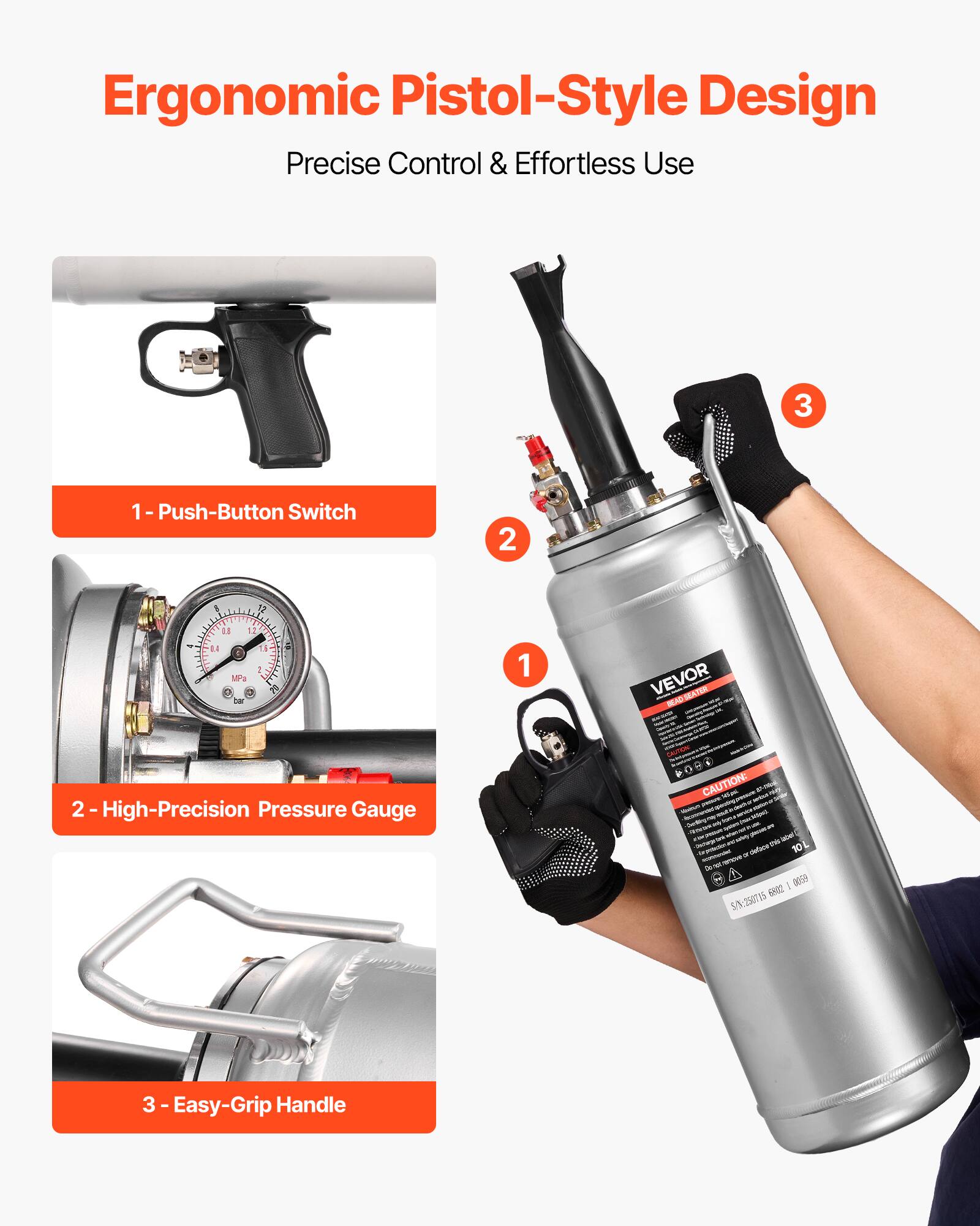 Ergonomic Pistol-Style Design  
Precise Control & Effortless Use  

1. 1-Push-Button Switch  
2. High-Precision Pressure Gauge  
3. Easy-Grip Handle  

VEVOR MNDSEATER  
10L  
CAUTION