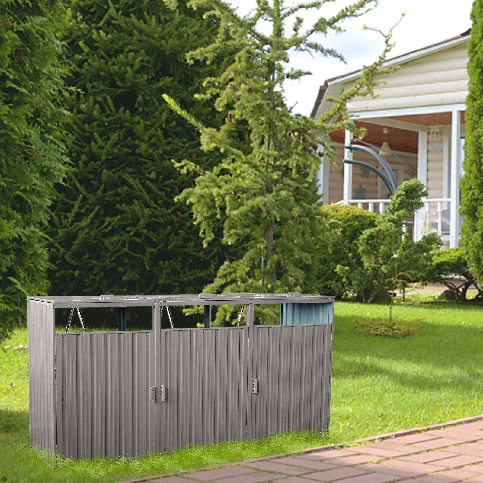 Left. Mondawe - 3 Trash Cans Stainless Galvanized Steel Outdoor Bin Shed - Grey.