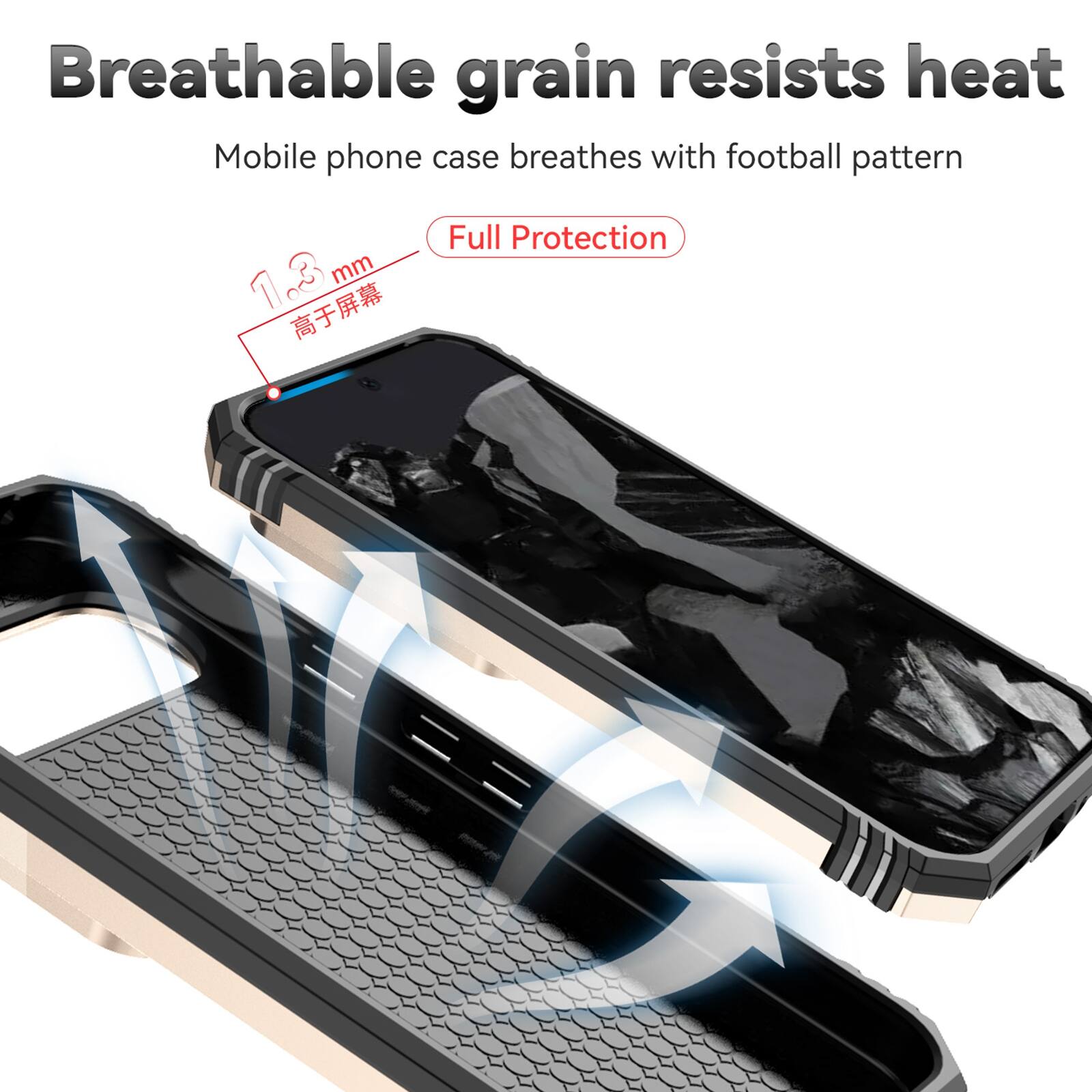 Breathable grain resists heat  
Mobile phone case breathes with football pattern  
Full Protection  
1.23 mm  
高于屏幕