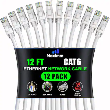 Maximm 12 FT CAT6 Ethernet Network Cable 12 Pack RoHS Compliant 24 AWG 550 MHz RJ45 RoHS Verified