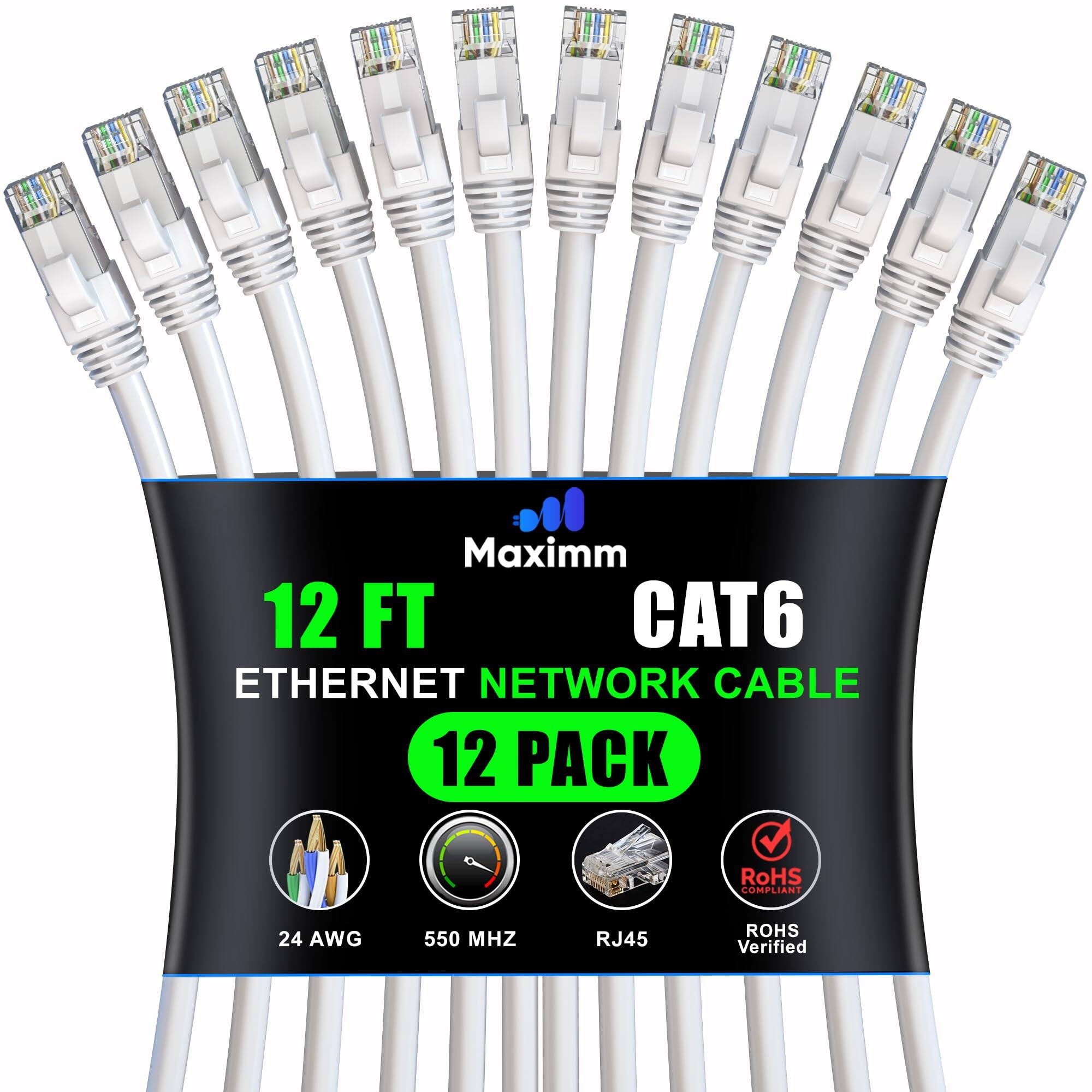 Maximm 12 FT CAT6 Ethernet Network Cable 12 Pack RoHS Compliant 24 AWG 550 MHz RJ45 RoHS Verified