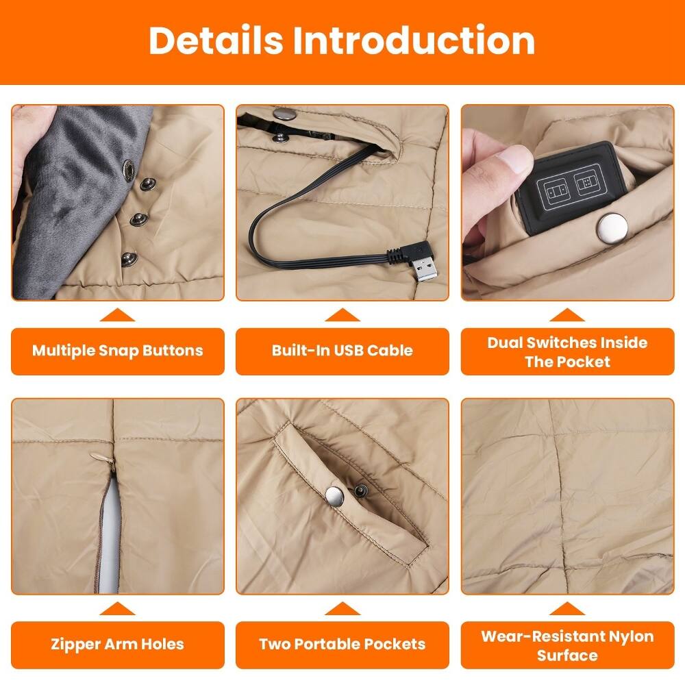 Details Introduction

- Multiple Snap Buttons
- Built-In USB Cable
- Dual Switches Inside The Pocket
- Zipper Arm Holes
- Two Portable Pockets
- Wear-Resistant Nylon Surface