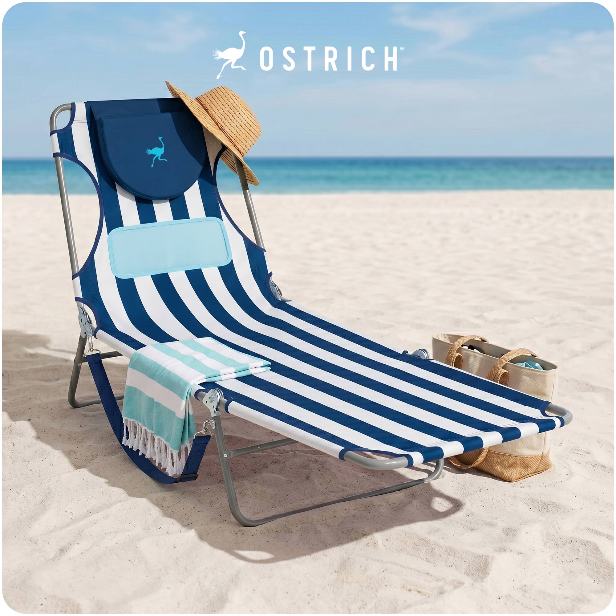 Alt View 7. Ostrich - Ostrich The Ladies Comfort Lounger, Foldable Beach Pool Tanning Chair, Stripe - Blue and White Striped.
