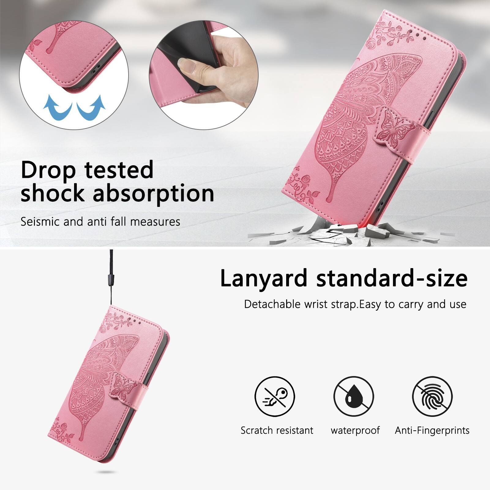Drop tested shock absorption  
Seismic and anti fall measures  

Lanyard standard-size  
Detachable wrist strap. Easy to carry and use  

Scratch resistant  
Waterproof  
Anti-Fingerprints