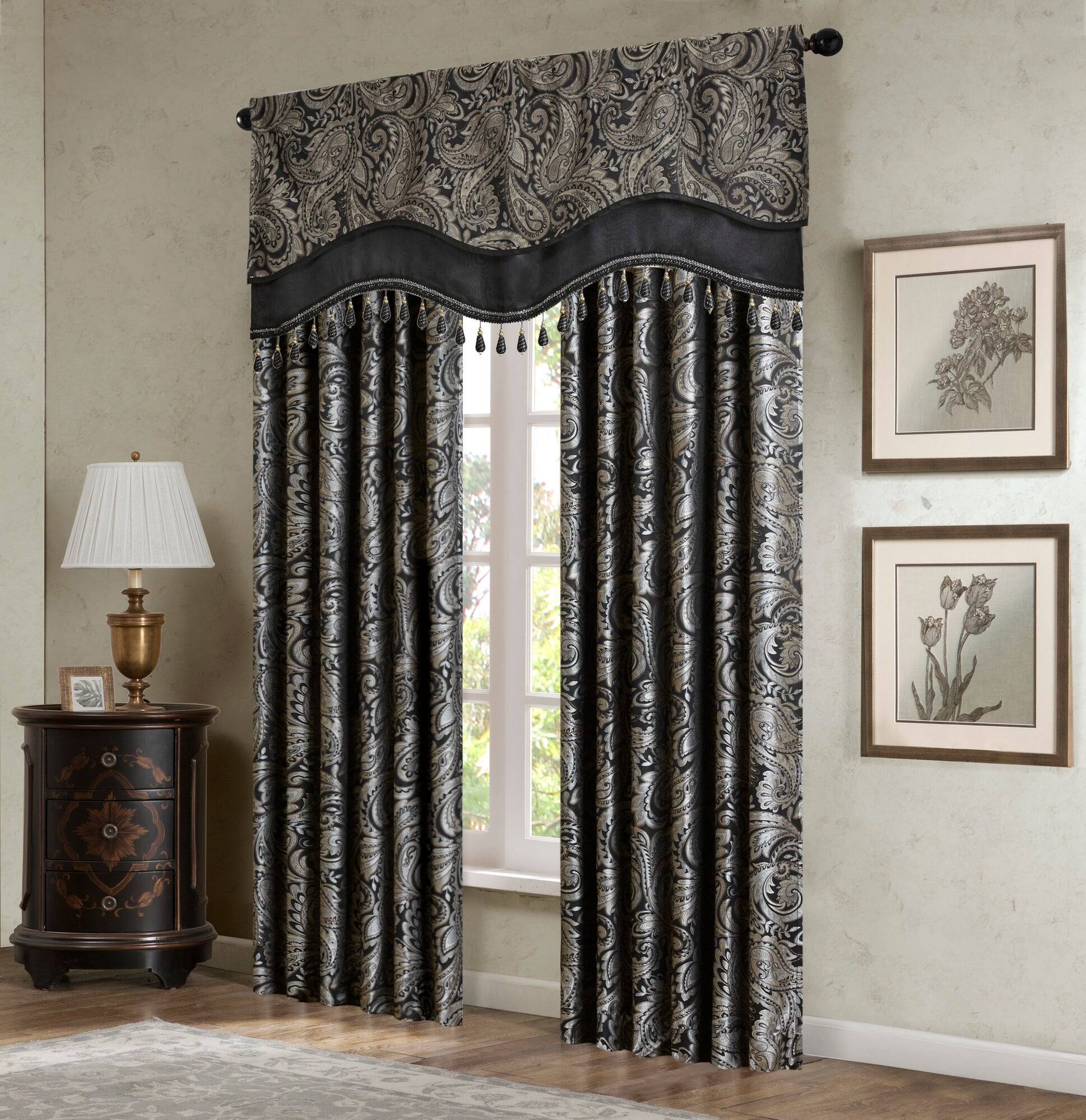 Alt View 1. BreeBe - Jacquard Window Rod Pocket Valance With Beads Black 50x18' - Black.