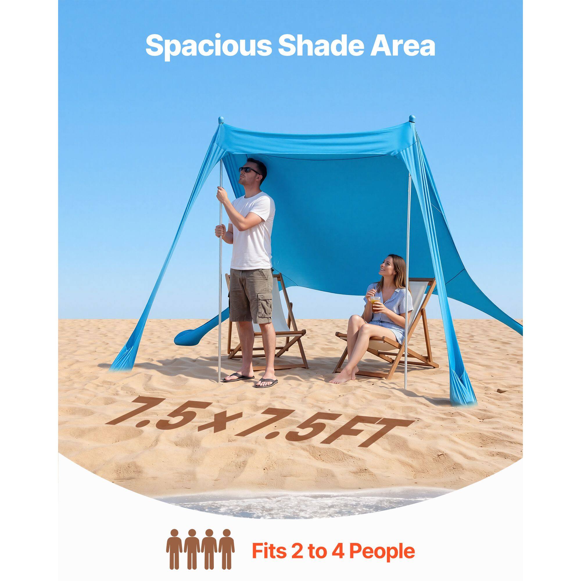 Spacious Shade Area  
7.5x7.5FT  
Fits 2 to 4 People